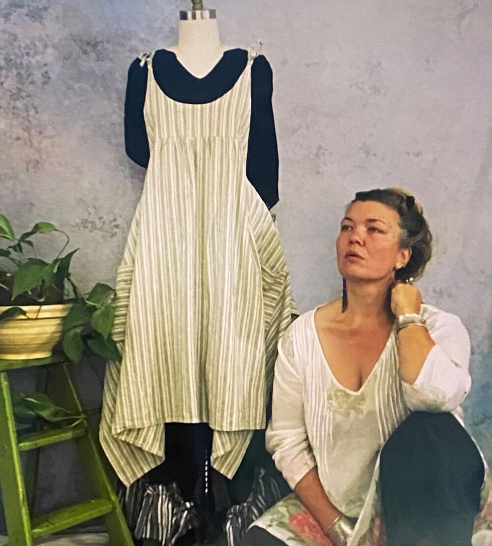RAGGED THISTLE Prairie Dress 100% Linen Ticking Cottage Pinafore Jumper Flax O/S